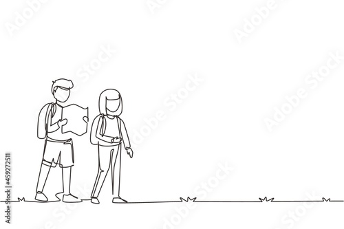 Single one line drawing little boy and girl goes camping in nature. Kids holding map, hiking, backpacks, maps, mats, compass. Family leisure concept. Modern continuous line draw design graphic vector