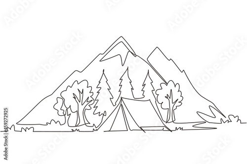 Single one line drawing summer camping day and sunset posters. Banners with mountains, trees, tent and campfire. Climbing, hiking, trekking sports. Continuous line draw design vector illustration