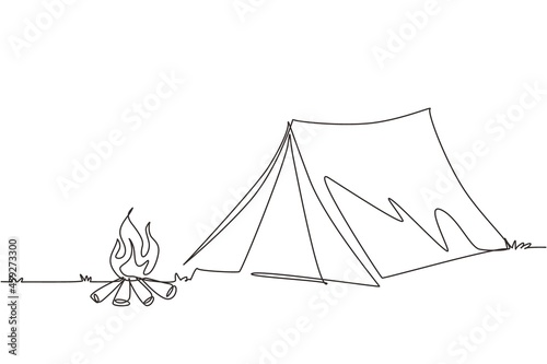 Single continuous line drawing family adventure camping evening scene. Tent, nature, campfire, pine forest and rocky mountain, starry night sky with moonlight. One line draw design vector illustration
