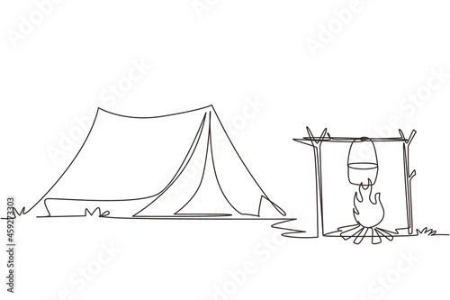 Single continuous line drawing camping site with tent bonfire and pot equipment. Tent, campfire, pine forest and rocky mountains. Adventures in nature. One line draw graphic design vector illustration