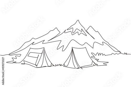 Continuous one line drawing two tents in adventure camping night landscape. Tent camper tourist forest mountain expedition. Travel and vacation concept. Single line draw design vector illustration