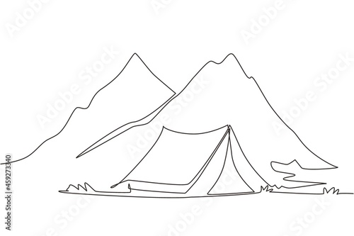 Single one line drawing adventure camping night landscape. Tent, campsite, pine forest and rocky mountains. Sports, hiking, camping, outdoor recreation. Continuous line draw design vector illustration