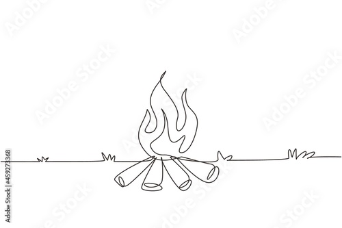 Single continuous line drawing bonfire for camping activities. Used to warm body in campsite at night, cooking food, water for hot tea. Equipment for hiking, travel, trip. One line draw design vector