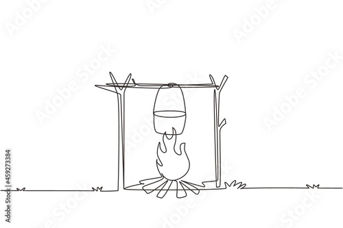 Continuous one line drawing pot on campfire for cooking food, boil water for hot tea, and warm body in cold night. Outdoor recreation, adventures in nature, vacation. Single line draw design vector