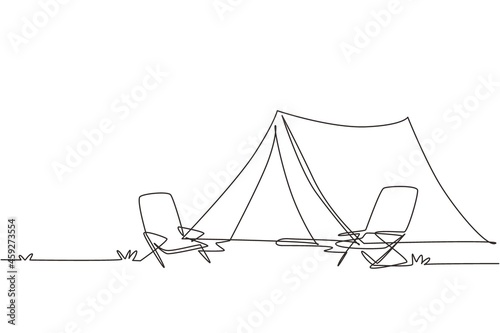 Single one line drawing camping landscape with mountains background. Tents with two chair in pine forest on the grass. Summer camping on nature. Continuous line draw design graphic vector illustration