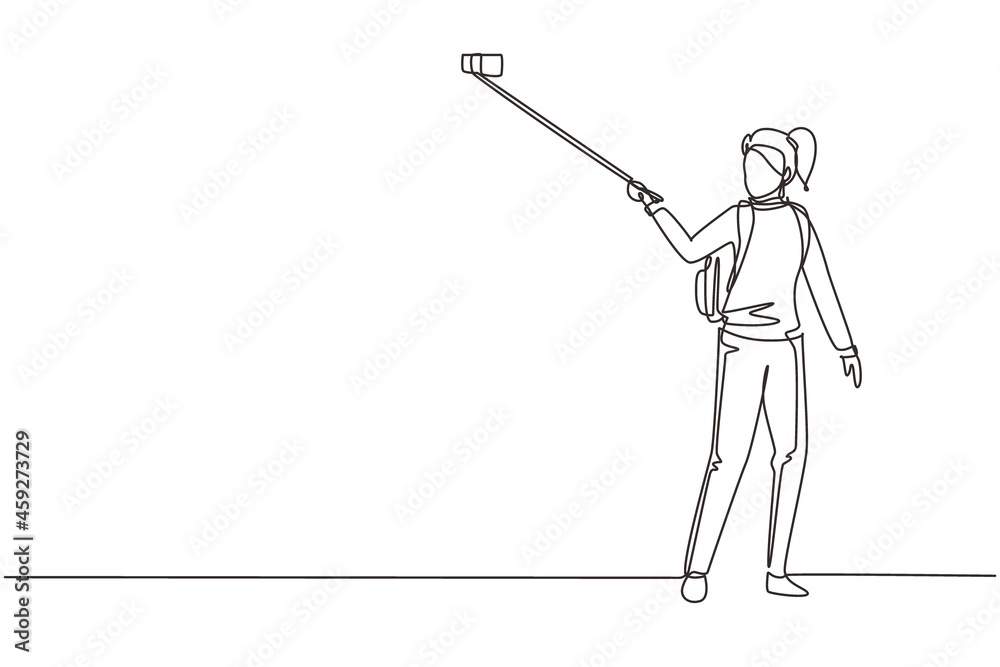 Continuous one line drawing woman with backpack on shoulders. Young girl making photo using selfie stick and smartphone. Summer activity at nature. Single line draw design vector graphic illustration