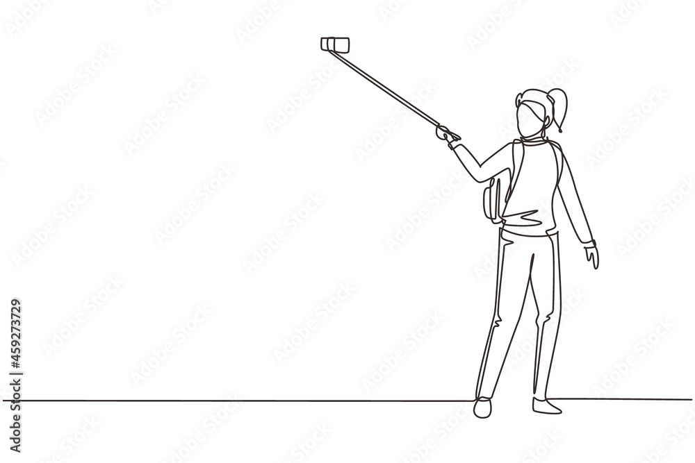 Continuous one line drawing woman with backpack on shoulders. Young girl making photo using selfie stick and smartphone. Summer activity at nature. Single line draw design vector graphic illustration Continuous one line drawing woman with backpack on shoulders. Young girl making photo using selfie stick and smartphone. Summer activity at nature. Single line draw design vector graphic illustration