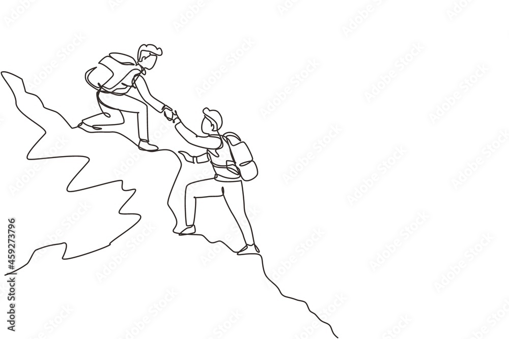 Single one line drawing two men hiker helping each other on top of mountain. Teamwork hiking help each other trust assistance. Goal concept. Continuous line draw design graphic vector illustration Single one line drawing two men hiker helping each other on top of mountain. Teamwork hiking help each other trust assistance. Goal concept. Continuous line draw design graphic vector illustration