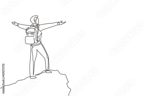 Single continuous line drawing climber man stands with arms outstretched on top of mountain. Winner motivational concept. Tourist with backpack. Traveler in summer rocks. One line draw design vector
