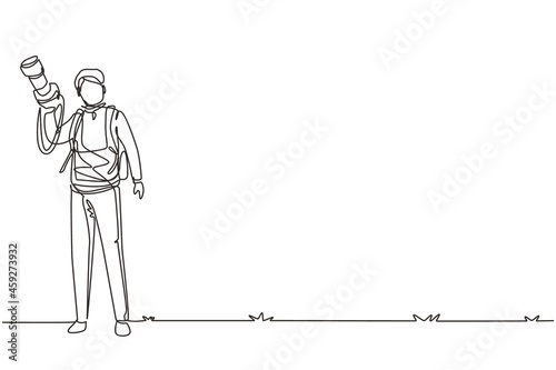 Single continuous line drawing young cheerful professional male photographer with camera joy make photography taking nature, traveling concept. Dynamic one line draw graphic design vector illustration