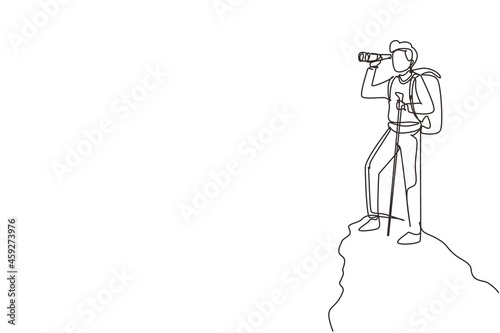 Single one line drawing man trekking on mountain. Young male traveling in mountains, standing on top, looking in binoculars. Tourist outdoor. Continuous line draw design graphic vector illustration