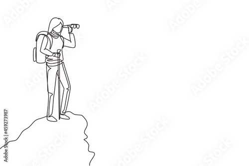 Single one line drawing cheerful traveler woman with a big backpack stands on the mountain and looks at the binocular. Standing on top. Modern continuous line draw design graphic vector illustration