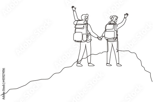 Single continuous line drawing romantic couple climbing up cliff or mountain. Pair of hikers or climbers holding hands. Happy boy and girl hiking or trekking. One line draw design vector illustration