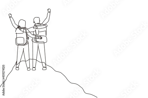 Continuous one line drawing romantic couple hikers with raised hands in a mountain valley at sunrise. Travel, tourism, hike and adventure concept. Single line draw design vector graphic illustration