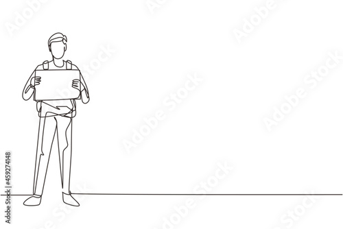 Single continuous line drawing happy man traveler hitchhiking. Young tourists with backpacks trying catch car on road. Holidays adventure, tourism, travelling. One line draw design vector illustration