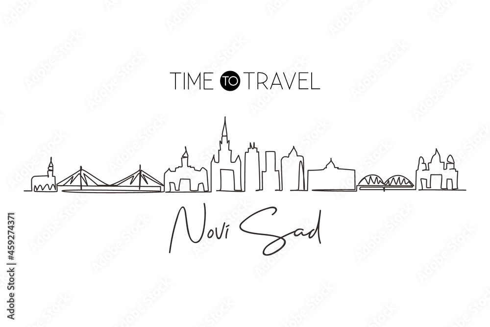Single continuous line drawing Novi Sad city skyline, Serbia. Historical town landscape in world. Best holiday destination wall decor. Editable stroke trendy one line draw design vector illustration