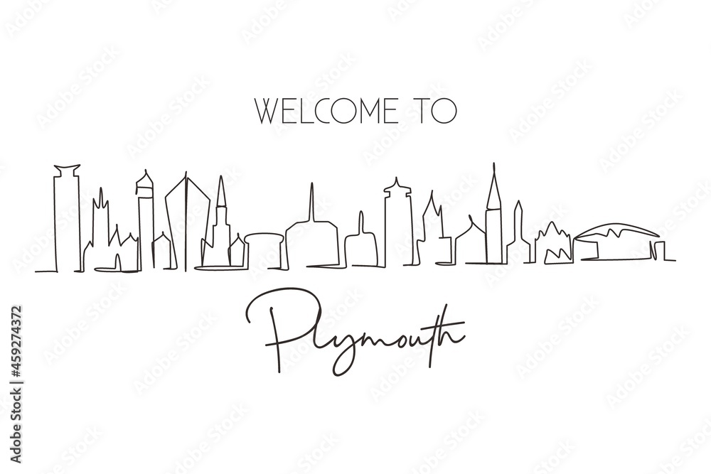 Single one line drawing Plymouth city skyline, England. Beautiful landmark. Beautiful world landscape tourism travel wall decor poster, postcard. Modern continuous line draw design vector illustration