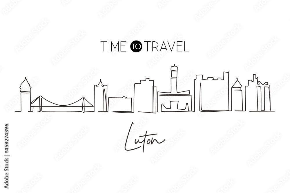 Continuous one line drawing Luton city skyline, England. Historical town landscape in the world. Best holiday destination. Editable stroke trendy single line draw design vector graphic illustration