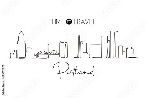 Continuous one line drawing Portland city skyline, Oregon. Famous city scraper landscape. World travel home wall decor art poster print concept. Single line draw design vector graphic illustration