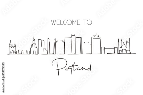 Single one line drawing Portland city skyline  Maine. Beautiful landmark. World landscape tourism travel home wall decor poster print art modern continuous line draw design graphic vector illustration