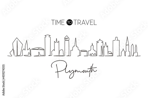 Single one line drawing Plymouth city skyline  England. Famous city scraper landscape. World travel home wall decor art poster print concept. Continuous line draw design graphic vector illustration
