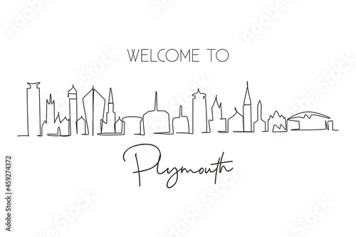 Single one line drawing Plymouth city skyline, England. Beautiful landmark. Beautiful world landscape tourism travel wall decor poster, postcard. Modern continuous line draw design vector illustration