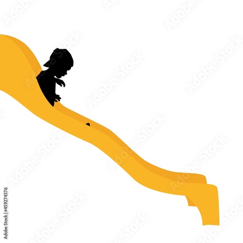 silhouette of cute toddler riding on slide, playground, side view, vector isolated on white background
