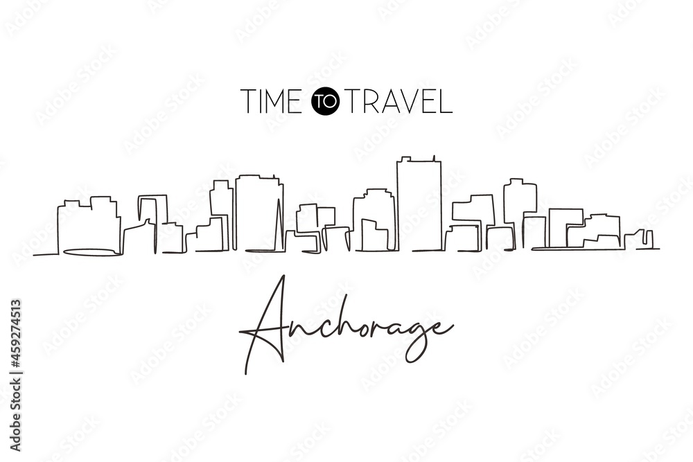 Continuous one line drawing Anchorage city skyline, Alaska. Historical town landscape in the world. Best holiday destination. Editable stroke trendy single line draw design vector graphic illustration