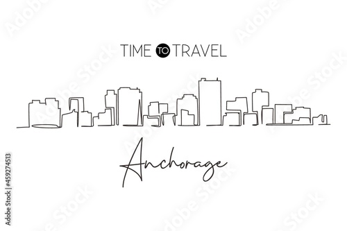 Continuous one line drawing Anchorage city skyline  Alaska. Historical town landscape in the world. Best holiday destination. Editable stroke trendy single line draw design vector graphic illustration