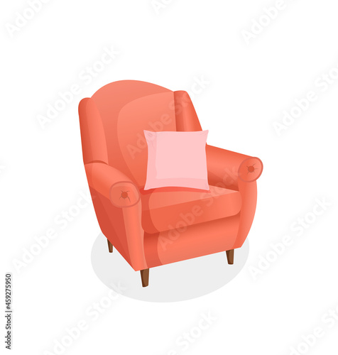 Cozy red armchair with a pillow on an isolated white background. Vector illustration of a home chair for the interior. Modern furniture for living room, bedroom, lobby. Icon, element.