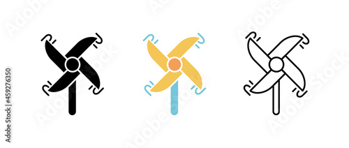 Windmill hand toy icon set. Fun and game icon. Child toy set. Editable row set. Silhouette  colored  linear icon set.