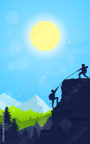The woman helps the man climb the mountain. Travel concept of discovering, exploring, observing nature. Hiking tourism. Adventure. Polygonal landscape illustration. Minimalist flat design. 