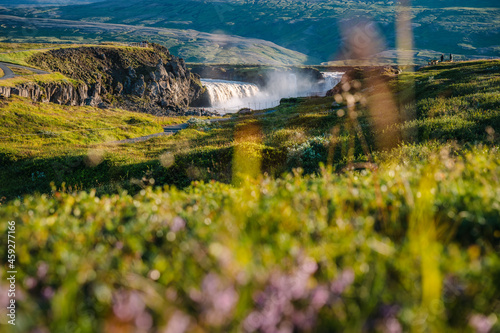 Godafoss waterfall in the Bardardalur district of North-Central Iceland, with defocused summer foliage in foreground photo