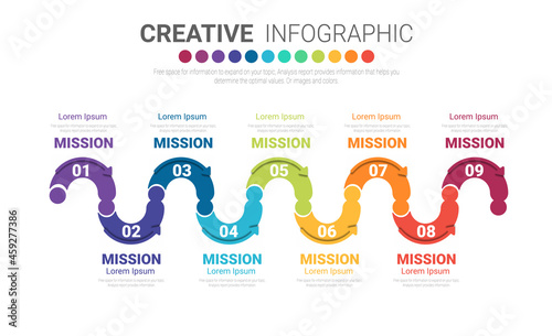 Infographic design template with 9 options, Can be used for process diagram, presentations, workflow layout, banner, flow chart, info graph.