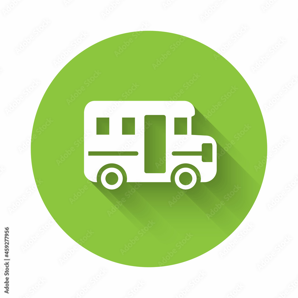 White School Bus icon isolated with long shadow. Public transportation symbol. Green circle button. Vector White School Bus icon isolated with long shadow. Public transportation symbol. Green circle button. Vector