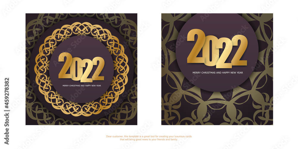 2022 holiday card merry christmas burgundy color with luxury gold ornament