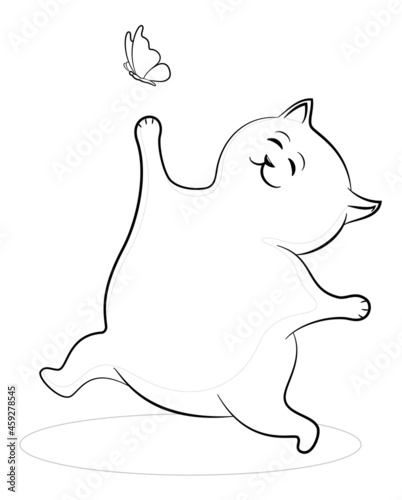 Cartoon Cat Runs and Wants to Catch a Butterfly, Black Contours Isolated on White Background. Vector