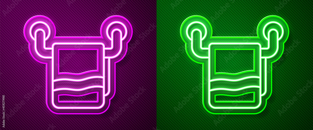 Glowing neon line Towel on a hanger icon isolated on purple and green background. Bathroom towel icon. Vector Glowing neon line Towel on a hanger icon isolated on purple and green background. Bathroom towel icon. Vector