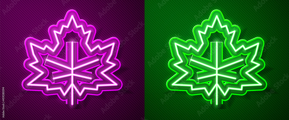 Fototapeta premium Glowing neon line Leaf icon isolated on purple and green background. Leaves sign. Fresh natural product symbol. Vector
