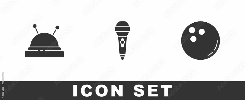 Set Needle bed and needles, Microphone and Bowling ball icon. Vector