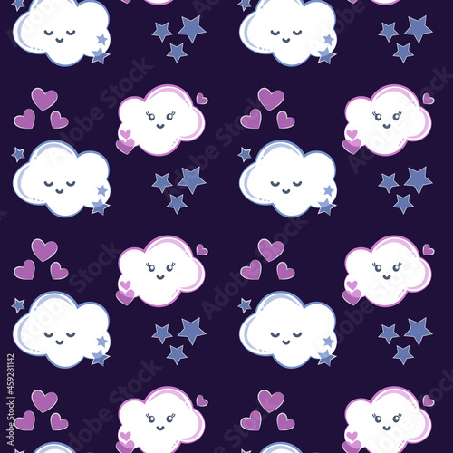 clouds cute little girl stars hearts seamless pattern vector illustration repeat