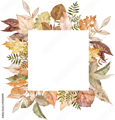Watercolor fall leaves square frame. Autumn botanical template. Thanksgiving day invitation card with forest foliage