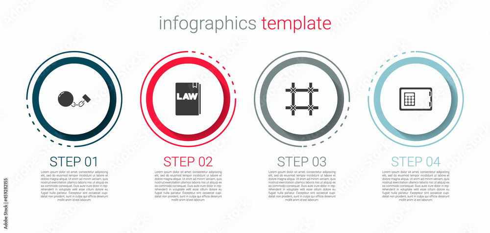 Set Ball on chain, Law book, Prison window and Safe. Business infographic template. Vector Set Ball on chain, Law book, Prison window and Safe. Business infographic template. Vector