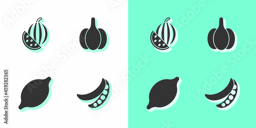 Set Green peas  Watermelon  Lemon and Garlic icon. Vector