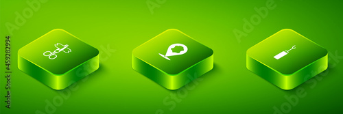 Set Isometric Leather, Awl tool and Scissors icon. Vector