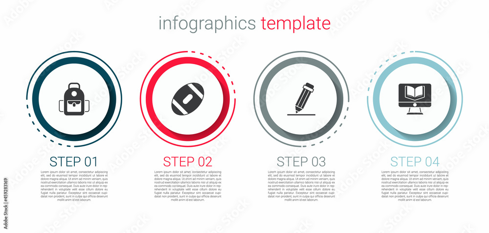 Set School backpack, American Football ball, Pencil with eraser and Online class. Business infographic template. Vector