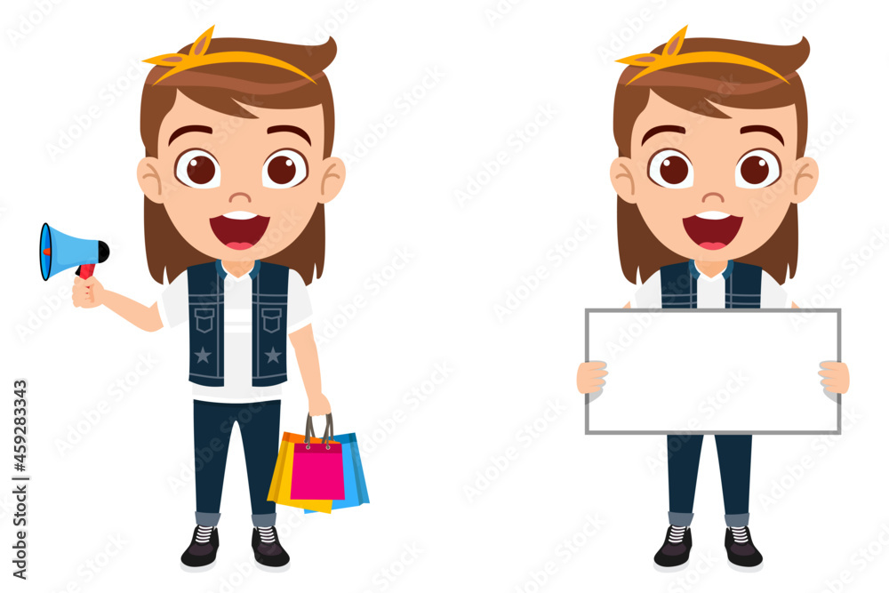 Happy cute kid girl character standing with gifts and shopping bags and black placard Happy cute kid girl character standing with gifts and shopping bags and black placard