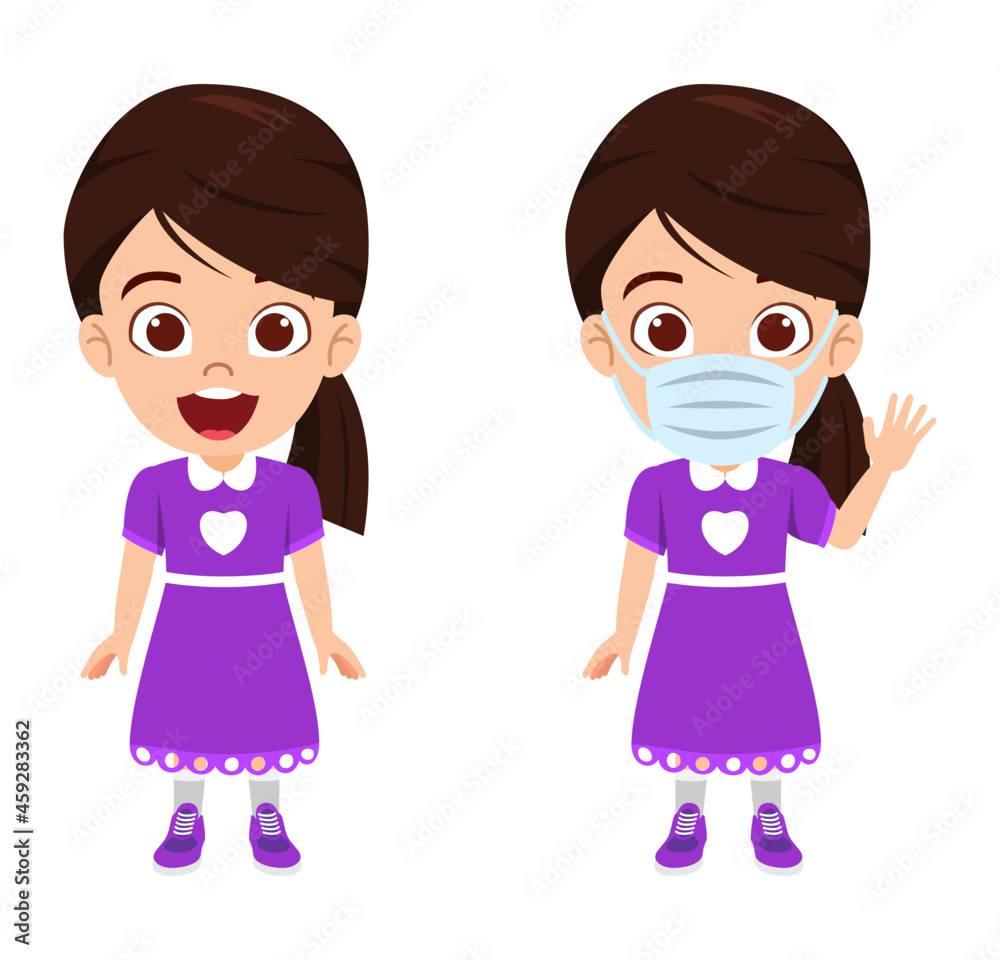 Happy kid girl character standing posing and wearing mask and waving Happy kid girl character standing posing and wearing mask and waving
