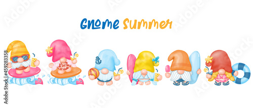 Summer Gnomes Clipart, Beach Gnomes, Watercolor Digital painting