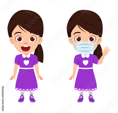 Happy kid girl character standing posing and wearing mask and waving